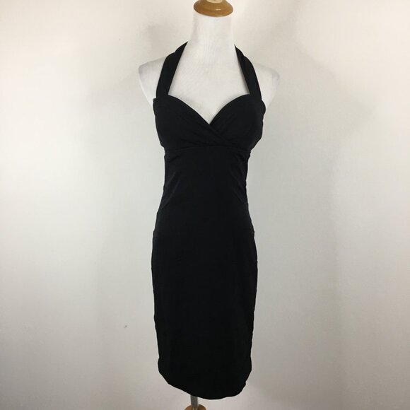 Vintage BCBGMAXAZRIA Paris Black Stretchy Layered Fitted Halter Dress - Picture 4 of 10